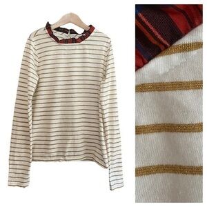 Crewcuts White Gold Stripe Tartan Plaid Collar Long Sleeve Top Christmas Holiday